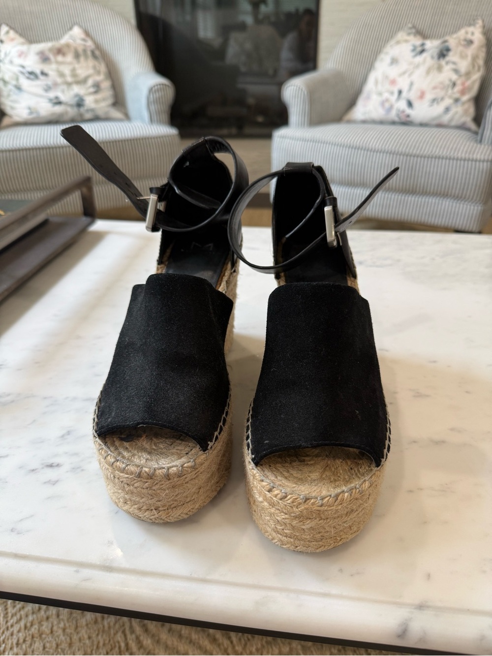 Marc Fisher Black Suede Espadrille Platform Sandals with Ankle Strap